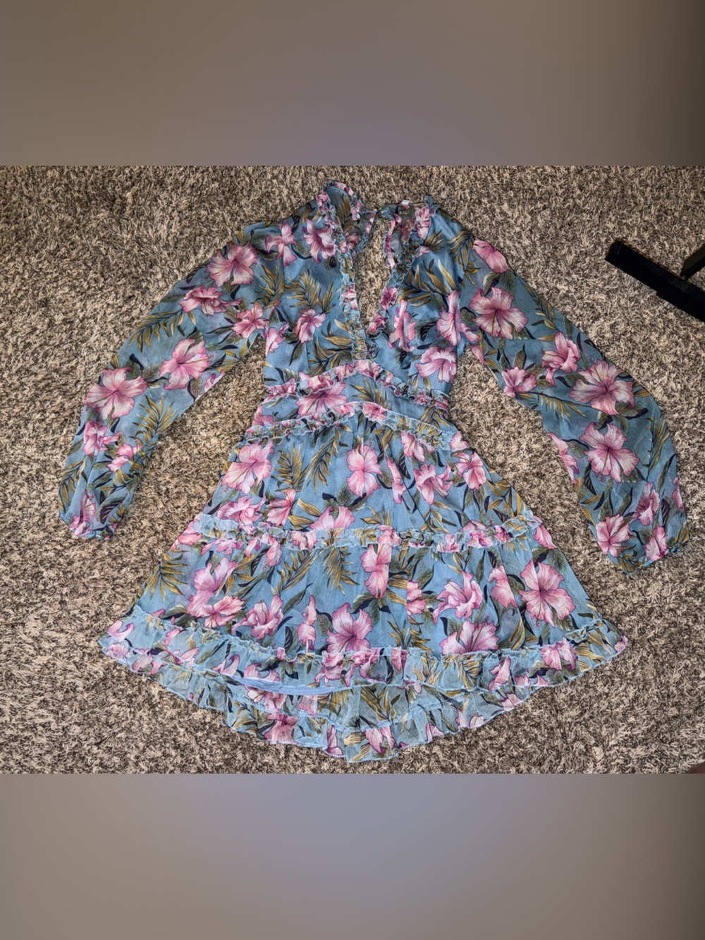 Sz L Blue Floral Backless Ruffle Mini Dress